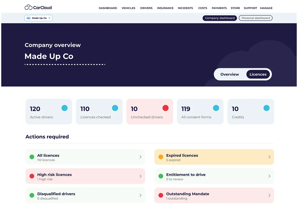 CarCloud licence overview: active drivers, licences checked and actions required