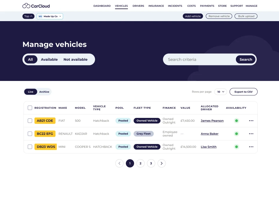 CarCloud manage vehicles table with fleet type, finance, value and allocated driver