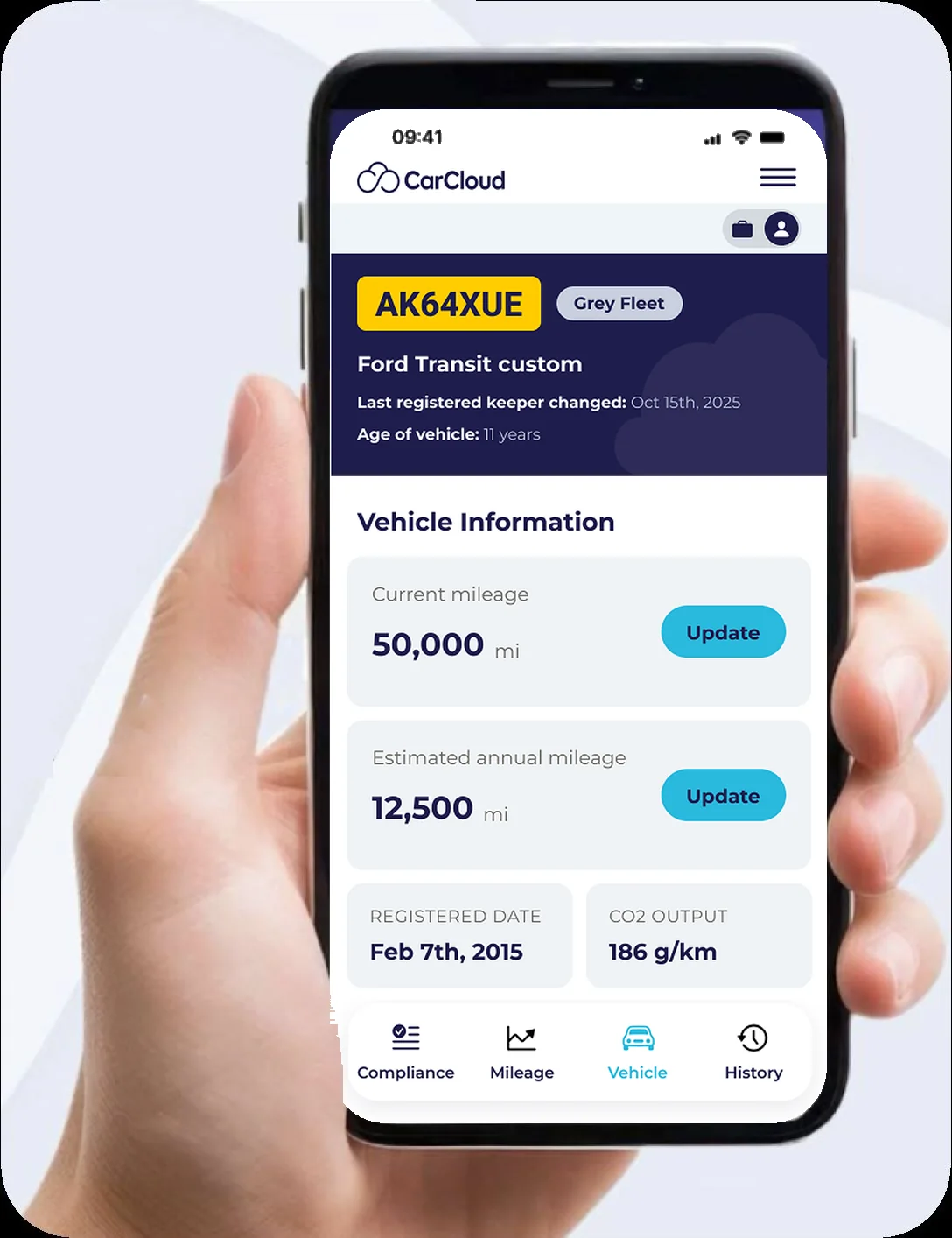 The CarCloud driver app on a phone, showing a vehicle’s details