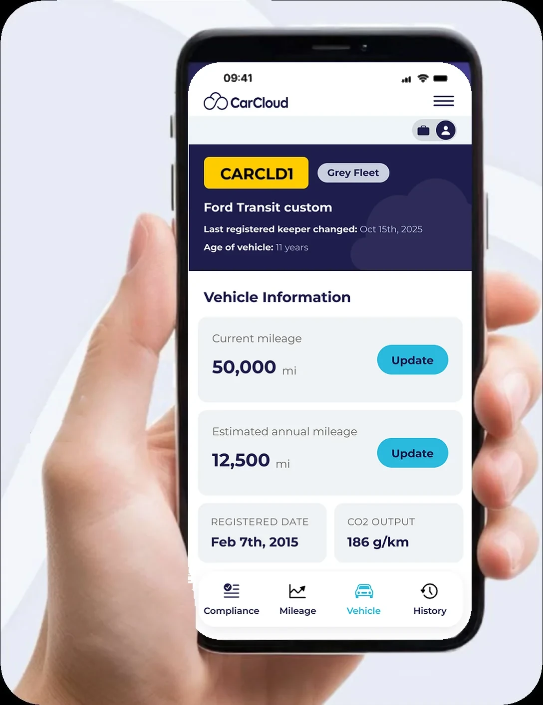 The CarCloud driver app, held in a hand, showing a vehicle's details